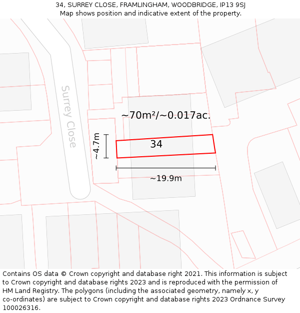 34, SURREY CLOSE, FRAMLINGHAM, WOODBRIDGE, IP13 9SJ: Plot and title map