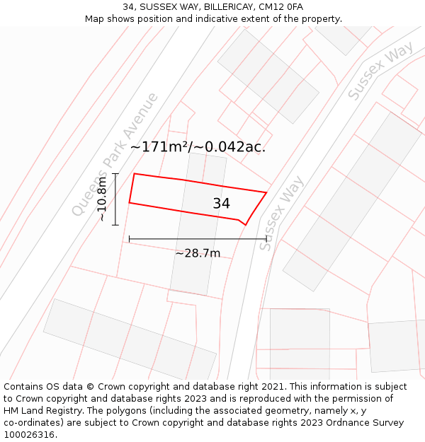 34, SUSSEX WAY, BILLERICAY, CM12 0FA: Plot and title map