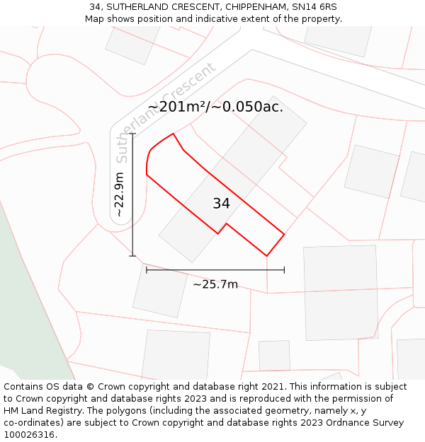 34, SUTHERLAND CRESCENT, CHIPPENHAM, SN14 6RS: Plot and title map