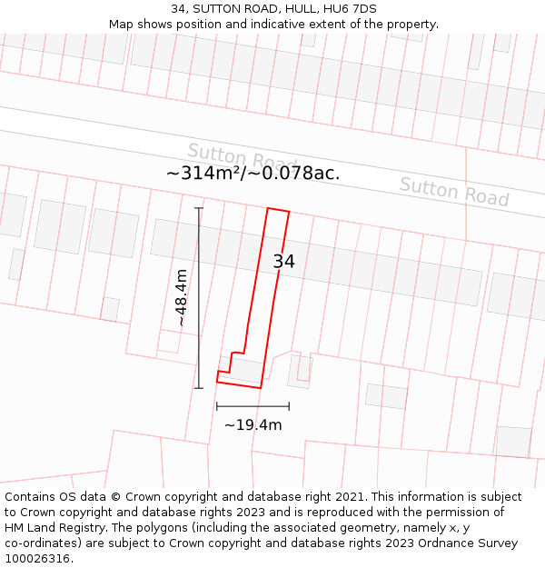 34, SUTTON ROAD, HULL, HU6 7DS: Plot and title map