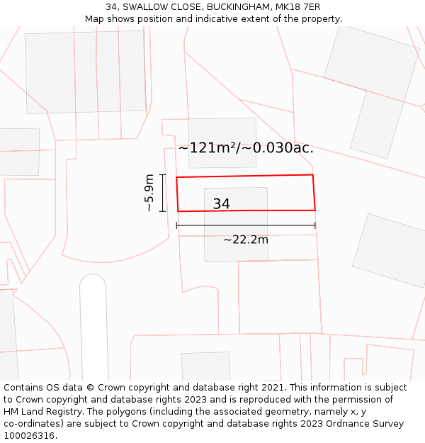 34, SWALLOW CLOSE, BUCKINGHAM, MK18 7ER: Plot and title map