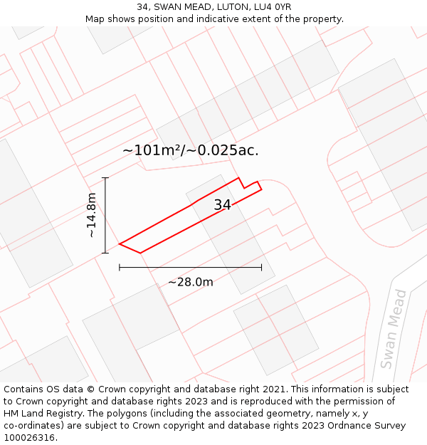34, SWAN MEAD, LUTON, LU4 0YR: Plot and title map