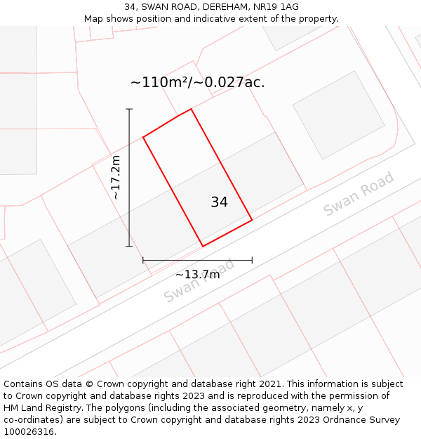 34, SWAN ROAD, DEREHAM, NR19 1AG: Plot and title map