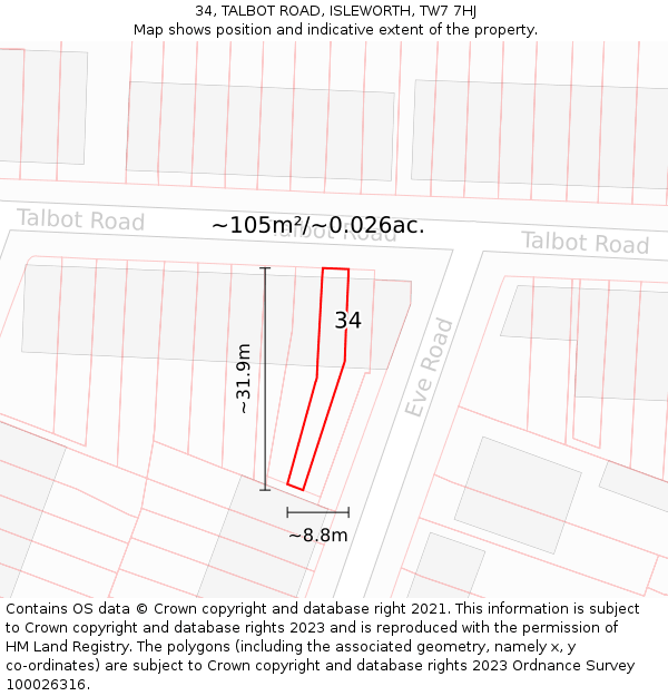 34, TALBOT ROAD, ISLEWORTH, TW7 7HJ: Plot and title map