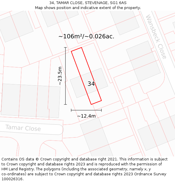 34, TAMAR CLOSE, STEVENAGE, SG1 6AS: Plot and title map