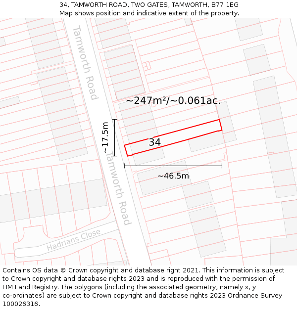 34, TAMWORTH ROAD, TWO GATES, TAMWORTH, B77 1EG: Plot and title map