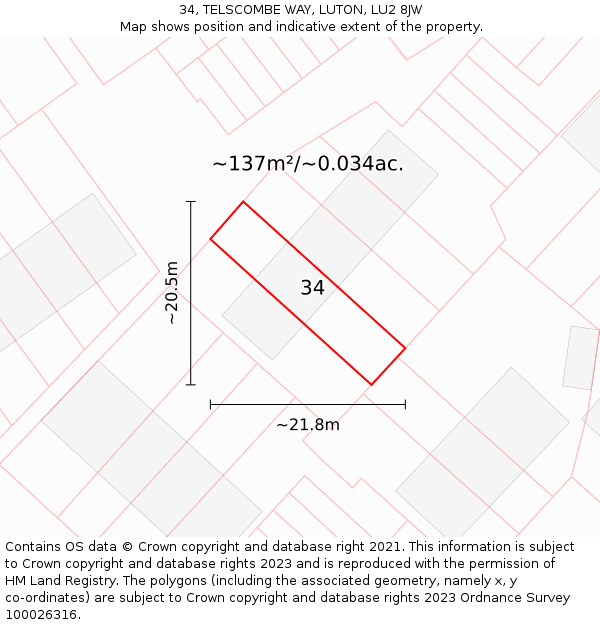 34, TELSCOMBE WAY, LUTON, LU2 8JW: Plot and title map