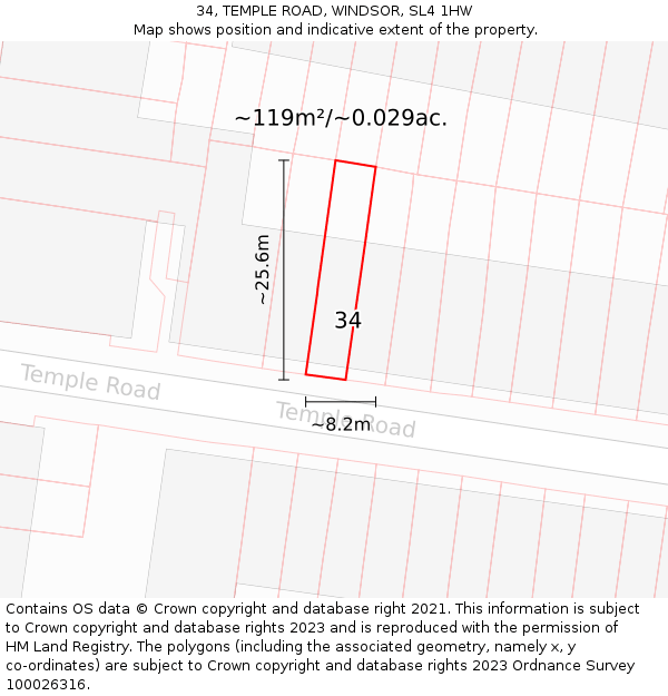 34, TEMPLE ROAD, WINDSOR, SL4 1HW: Plot and title map