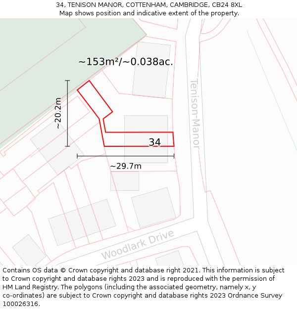 34, TENISON MANOR, COTTENHAM, CAMBRIDGE, CB24 8XL: Plot and title map
