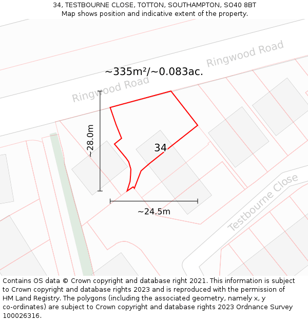 34, TESTBOURNE CLOSE, TOTTON, SOUTHAMPTON, SO40 8BT: Plot and title map