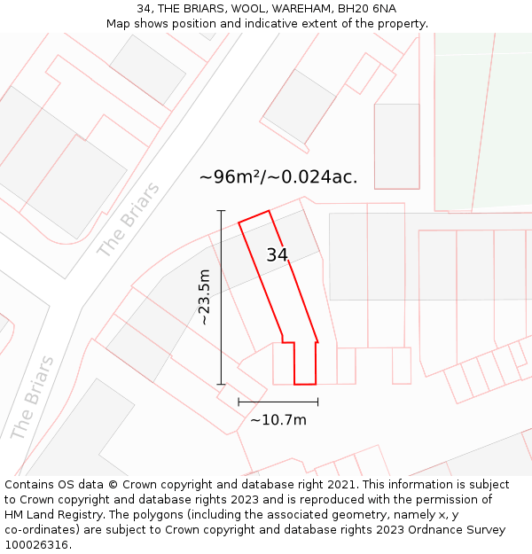 34, THE BRIARS, WOOL, WAREHAM, BH20 6NA: Plot and title map