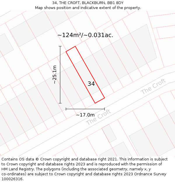 34, THE CROFT, BLACKBURN, BB1 8DY: Plot and title map