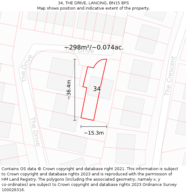 34, THE DRIVE, LANCING, BN15 8PS: Plot and title map