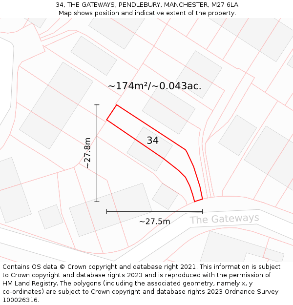 34, THE GATEWAYS, PENDLEBURY, MANCHESTER, M27 6LA: Plot and title map