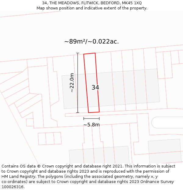 34, THE MEADOWS, FLITWICK, BEDFORD, MK45 1XQ: Plot and title map