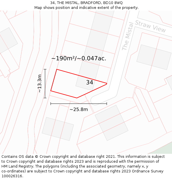 34, THE MISTAL, BRADFORD, BD10 8WQ: Plot and title map
