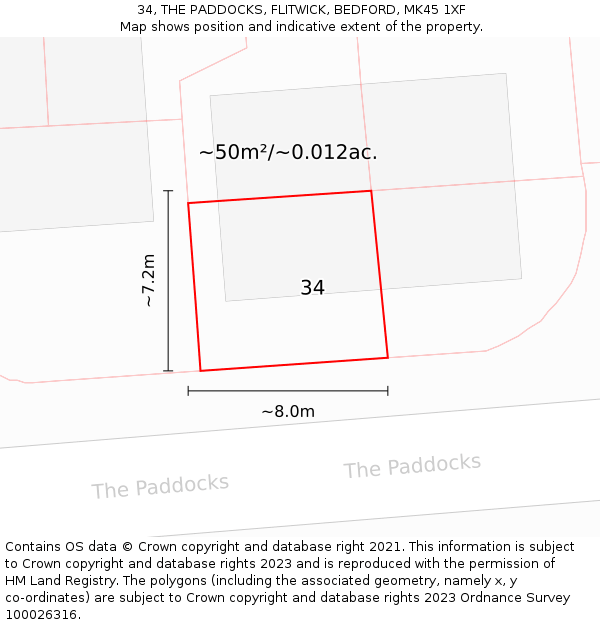 34, THE PADDOCKS, FLITWICK, BEDFORD, MK45 1XF: Plot and title map