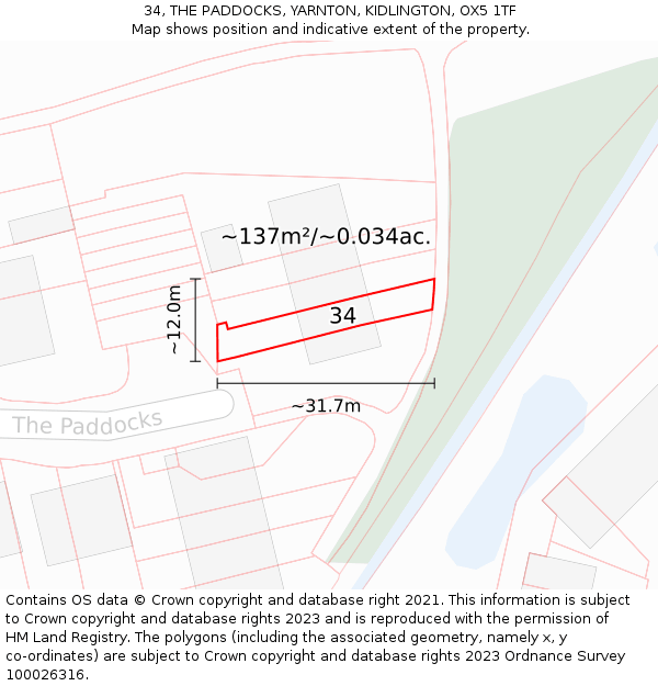 34, THE PADDOCKS, YARNTON, KIDLINGTON, OX5 1TF: Plot and title map
