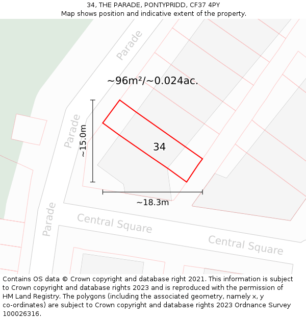 34, THE PARADE, PONTYPRIDD, CF37 4PY: Plot and title map