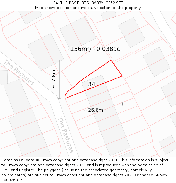 34, THE PASTURES, BARRY, CF62 9ET: Plot and title map