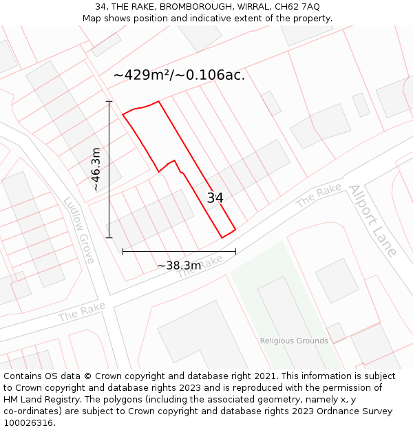34, THE RAKE, BROMBOROUGH, WIRRAL, CH62 7AQ: Plot and title map