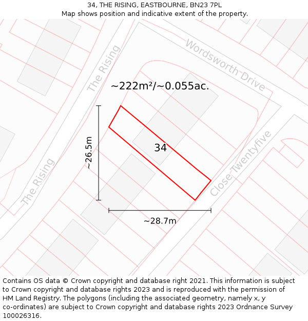 34, THE RISING, EASTBOURNE, BN23 7PL: Plot and title map