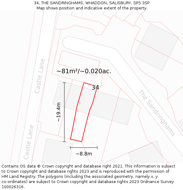 34, THE SANDRINGHAMS, WHADDON, SALISBURY, SP5 3SP: Plot and title map
