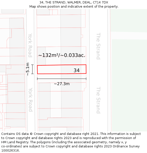 34, THE STRAND, WALMER, DEAL, CT14 7DX: Plot and title map