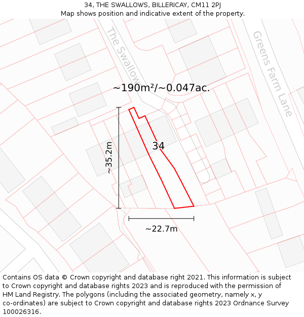 34, THE SWALLOWS, BILLERICAY, CM11 2PJ: Plot and title map
