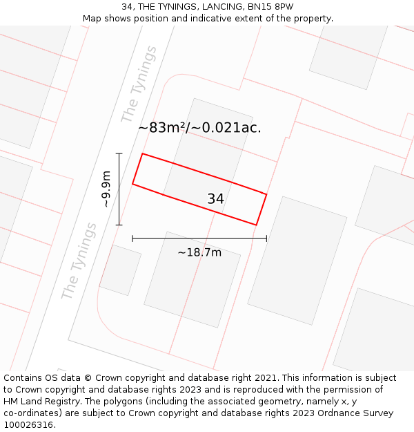 34, THE TYNINGS, LANCING, BN15 8PW: Plot and title map