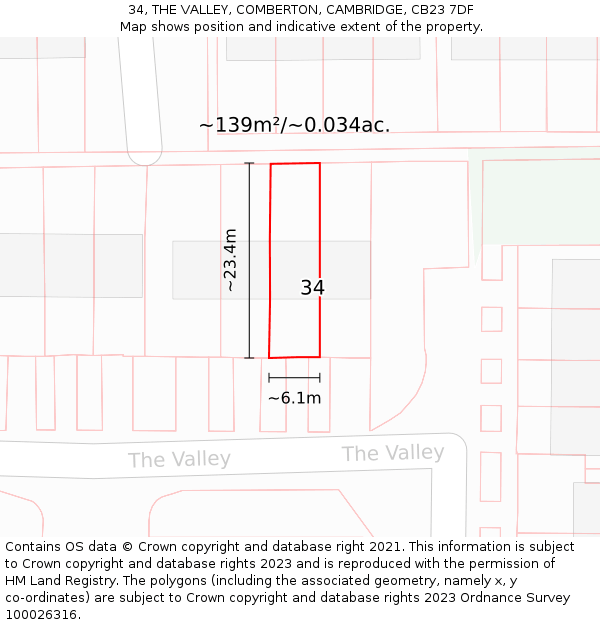 34, THE VALLEY, COMBERTON, CAMBRIDGE, CB23 7DF: Plot and title map