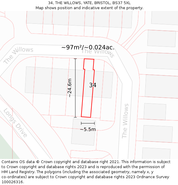34, THE WILLOWS, YATE, BRISTOL, BS37 5XL: Plot and title map