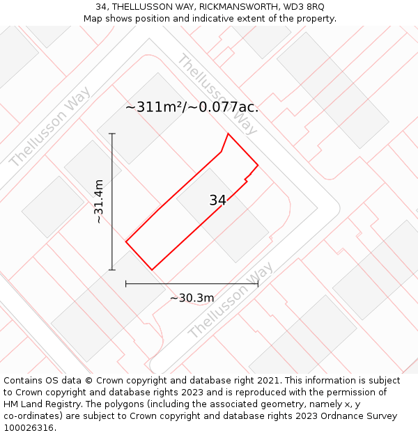34, THELLUSSON WAY, RICKMANSWORTH, WD3 8RQ: Plot and title map