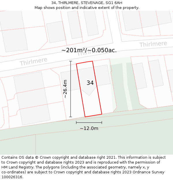 34, THIRLMERE, STEVENAGE, SG1 6AH: Plot and title map