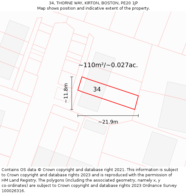 34, THORNE WAY, KIRTON, BOSTON, PE20 1JP: Plot and title map