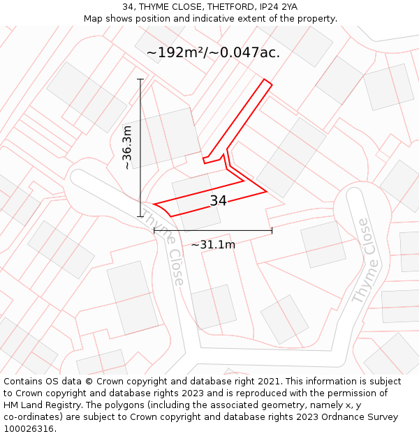 34, THYME CLOSE, THETFORD, IP24 2YA: Plot and title map