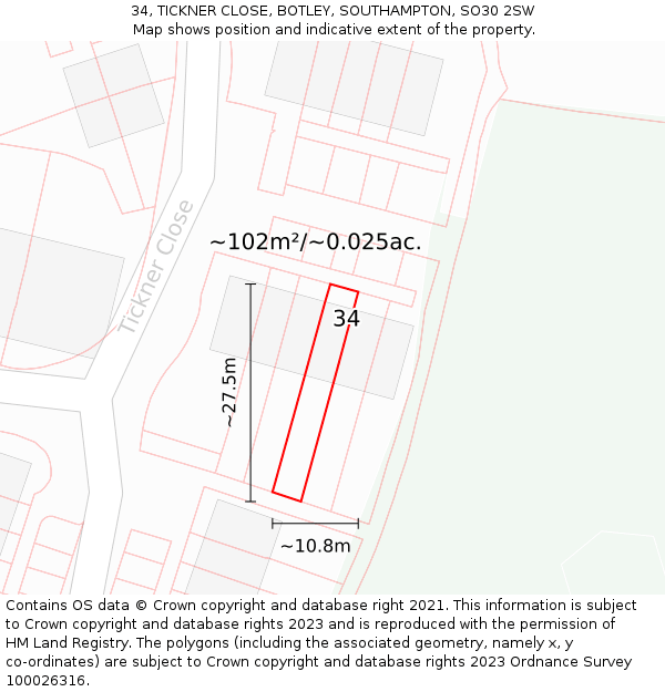 34, TICKNER CLOSE, BOTLEY, SOUTHAMPTON, SO30 2SW: Plot and title map