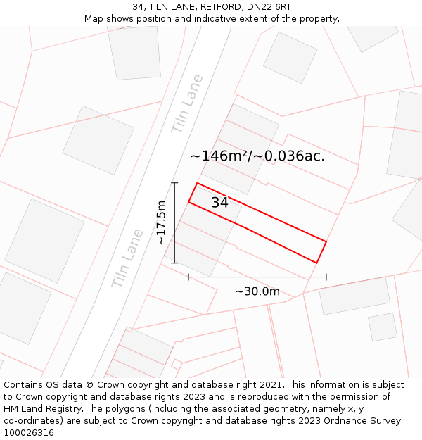 34, TILN LANE, RETFORD, DN22 6RT: Plot and title map