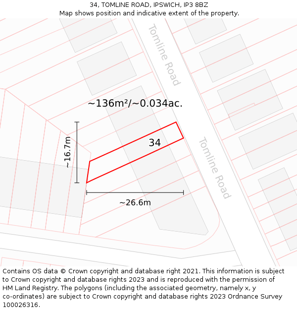 34, TOMLINE ROAD, IPSWICH, IP3 8BZ: Plot and title map