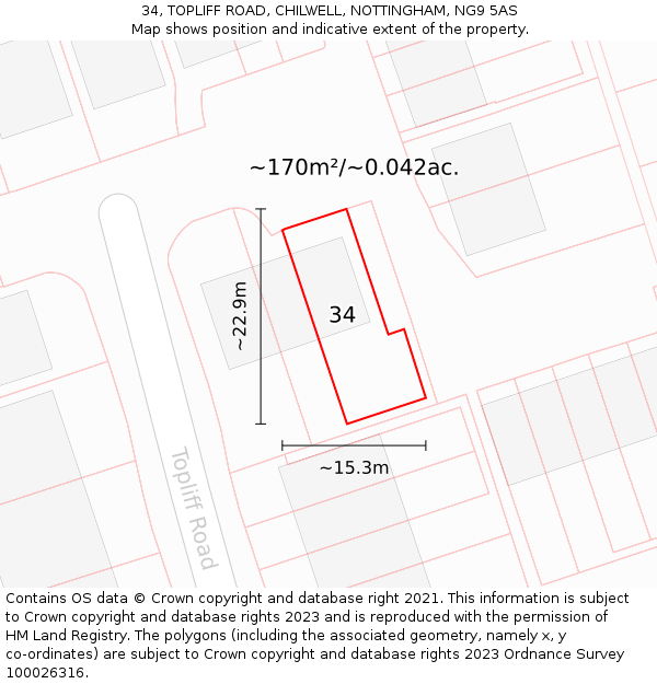 34, TOPLIFF ROAD, CHILWELL, NOTTINGHAM, NG9 5AS: Plot and title map