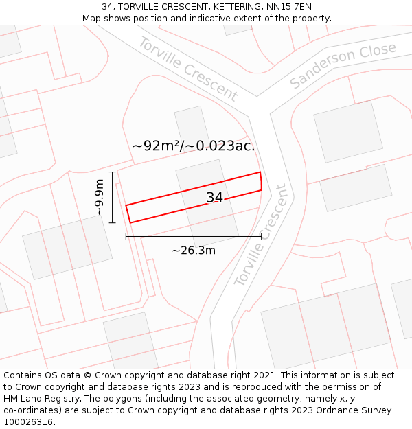 34, TORVILLE CRESCENT, KETTERING, NN15 7EN: Plot and title map