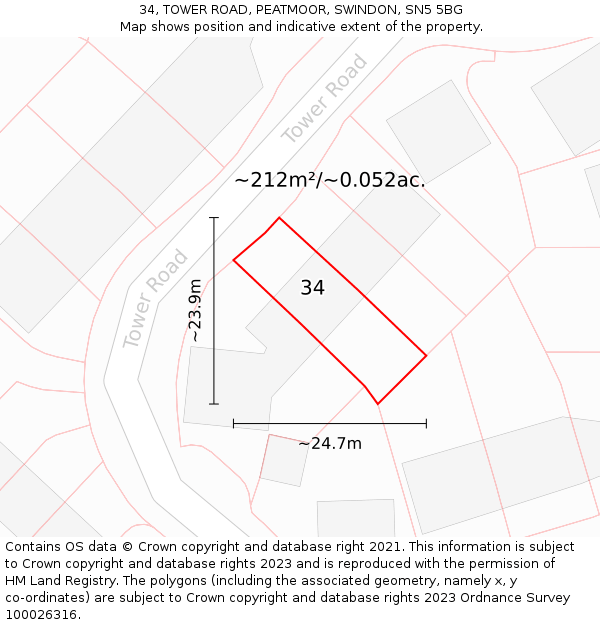 34, TOWER ROAD, PEATMOOR, SWINDON, SN5 5BG: Plot and title map