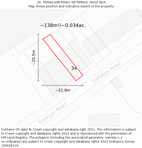 34, TRAFALGAR ROAD, KETTERING, NN16 8DA: Plot and title map