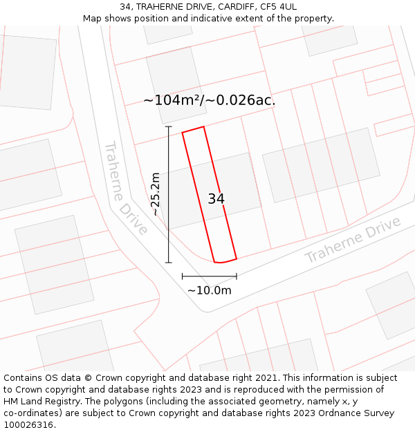 34, TRAHERNE DRIVE, CARDIFF, CF5 4UL: Plot and title map