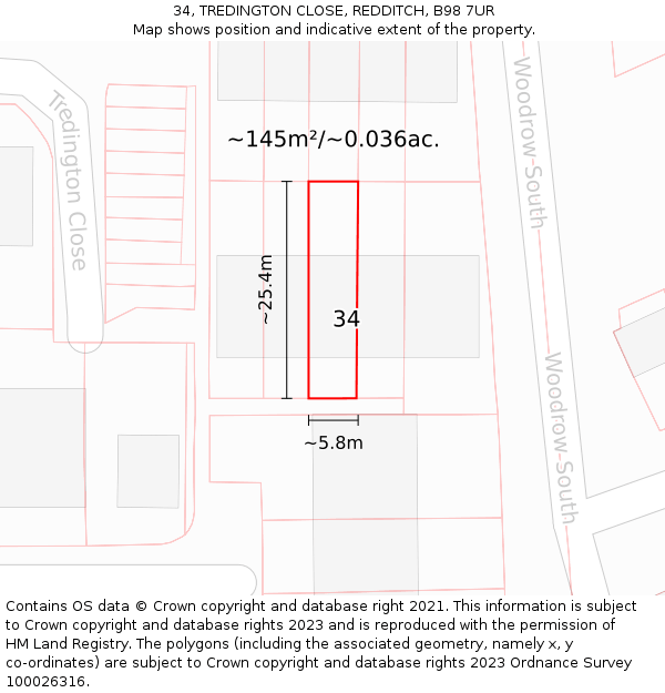 34, TREDINGTON CLOSE, REDDITCH, B98 7UR: Plot and title map