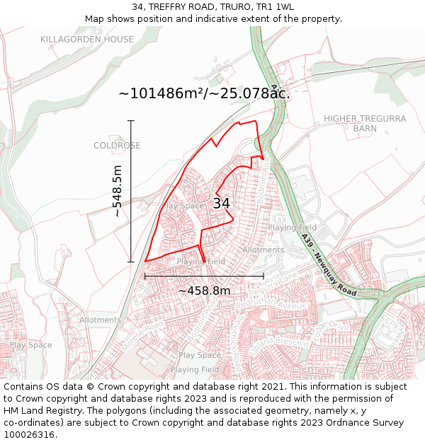 34, TREFFRY ROAD, TRURO, TR1 1WL: Plot and title map