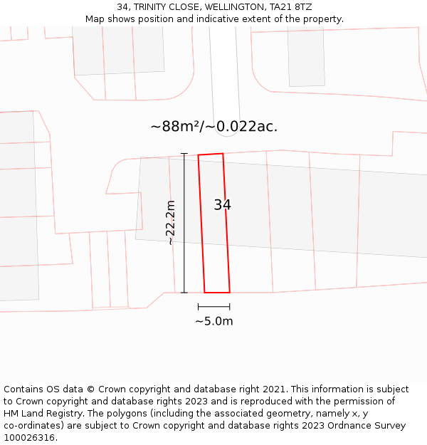 34, TRINITY CLOSE, WELLINGTON, TA21 8TZ: Plot and title map