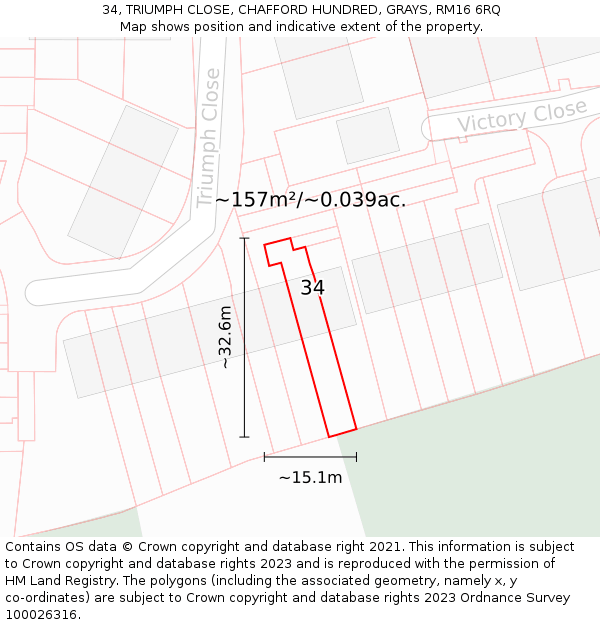 34, TRIUMPH CLOSE, CHAFFORD HUNDRED, GRAYS, RM16 6RQ: Plot and title map