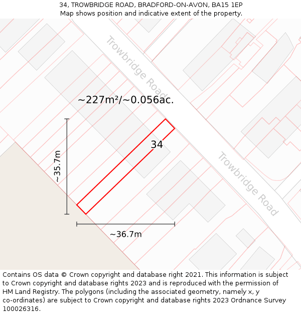 34, TROWBRIDGE ROAD, BRADFORD-ON-AVON, BA15 1EP: Plot and title map