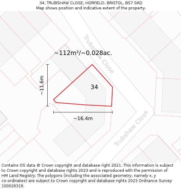 34, TRUBSHAW CLOSE, HORFIELD, BRISTOL, BS7 0AD: Plot and title map